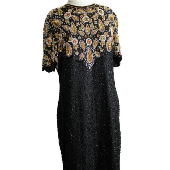 Night Vogue SZ Med 100% Silk Beaded & Sequin Black Evening Dress - Picture 10 of 16